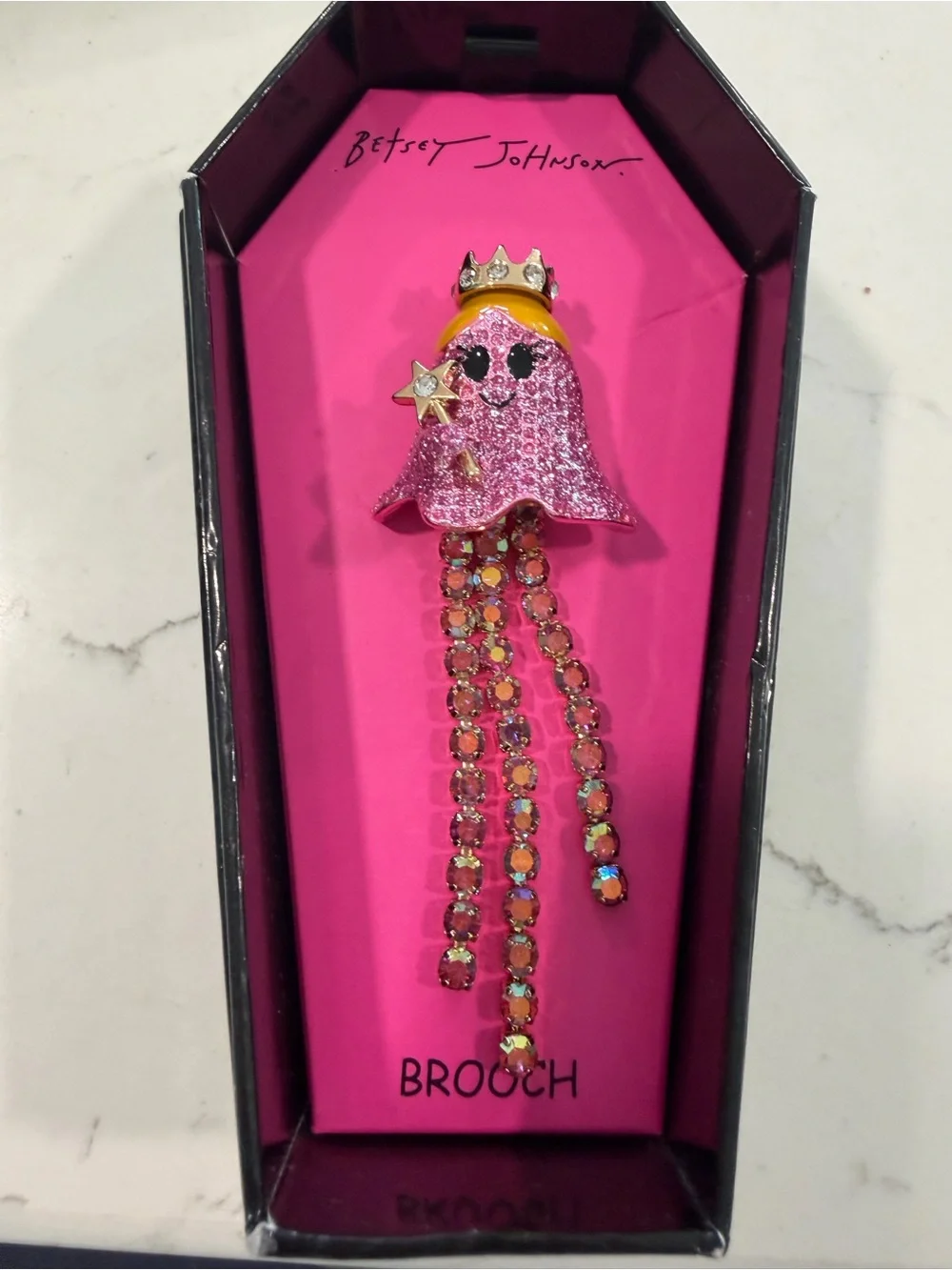 Betsey Johnson Pink Glitter Crowned Ghost Brooch with Dangling Rhinestones